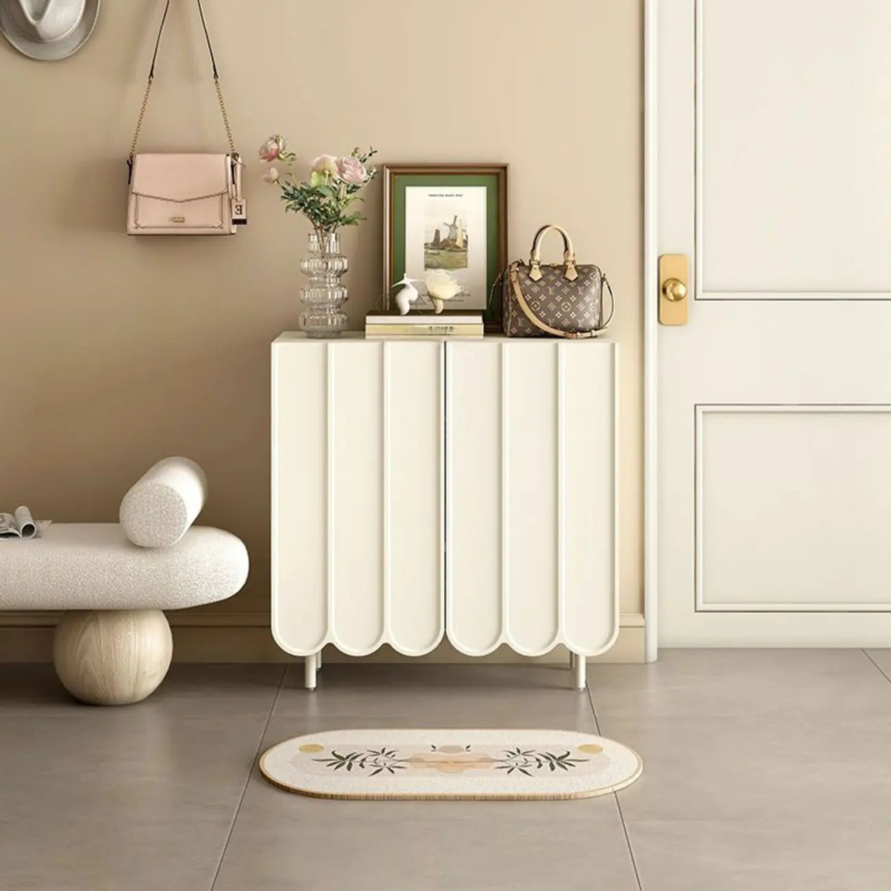 Armoire à chaussures d'entrée en bois blanc cannelé