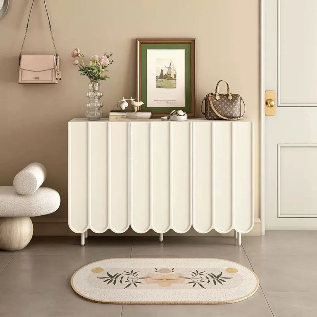 Armoire à chaussures d'entrée en bois blanc cannelé