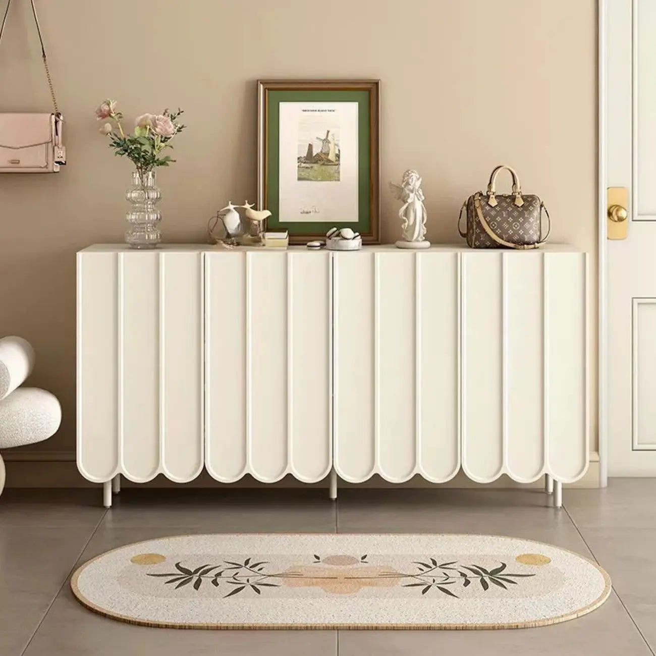 Armoire à chaussures d'entrée en bois blanc cannelé