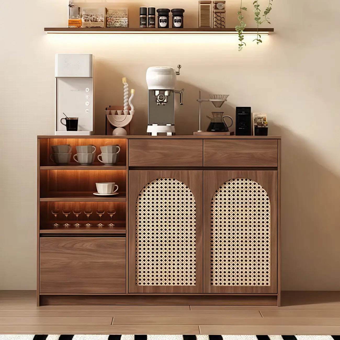 Armoire de rangement de cuisine en rotin bois moyen, finition naturelle