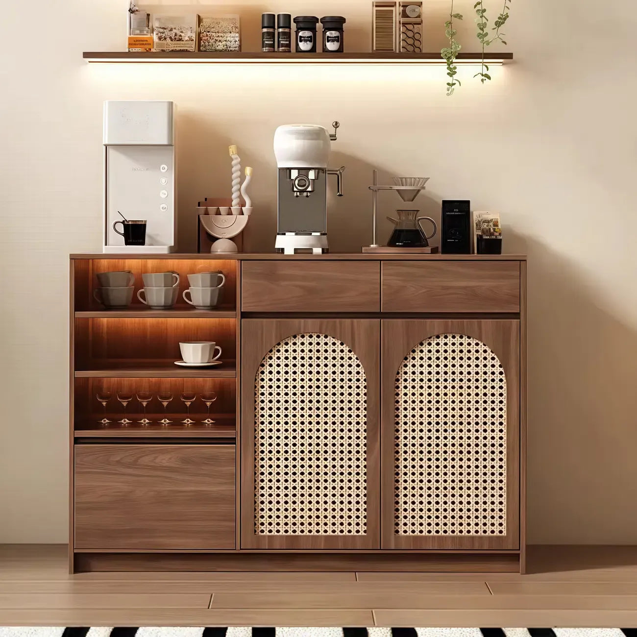 Armoire de rangement de cuisine en rotin bois moyen, finition naturelle