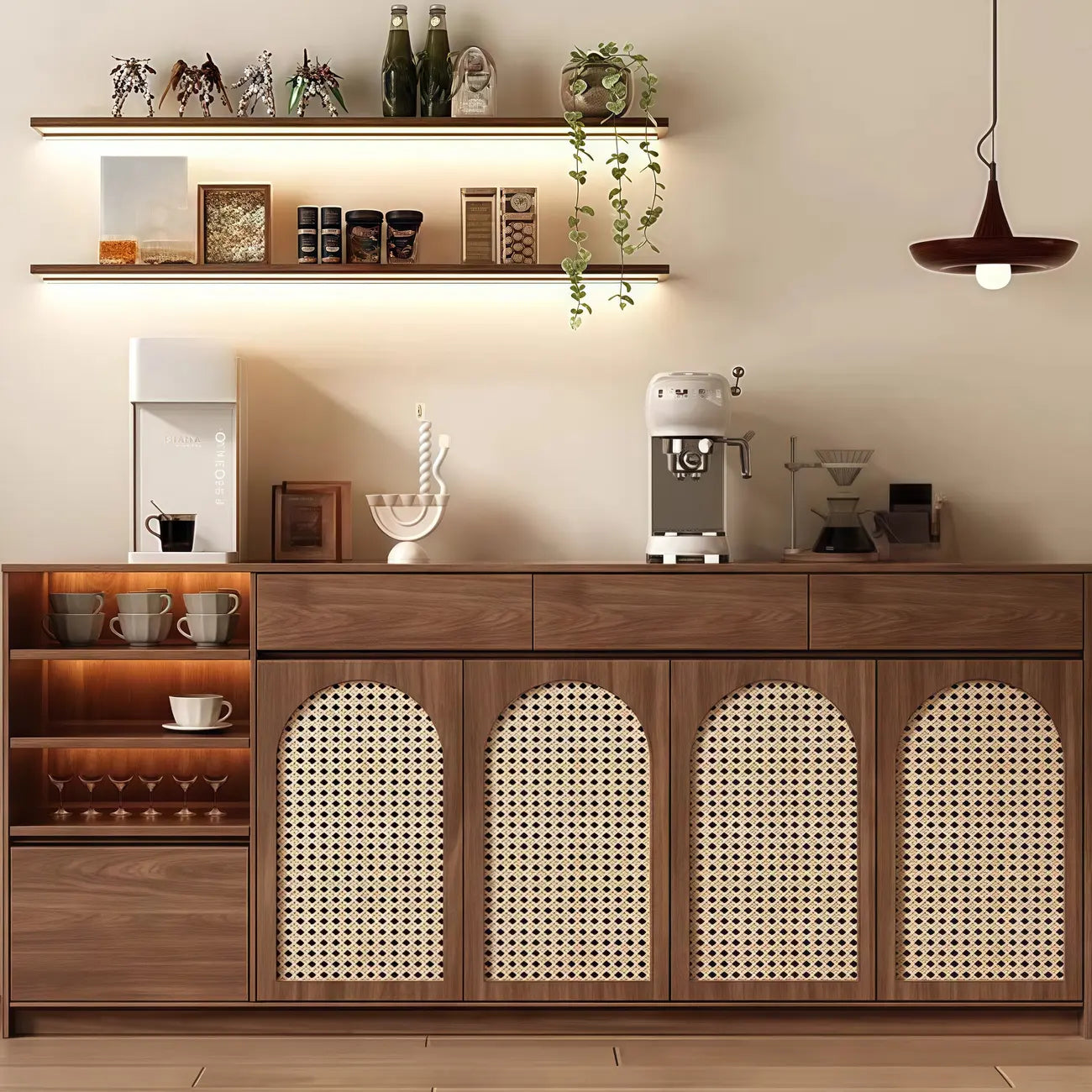 Armoire de rangement de cuisine en rotin bois moyen, finition naturelle