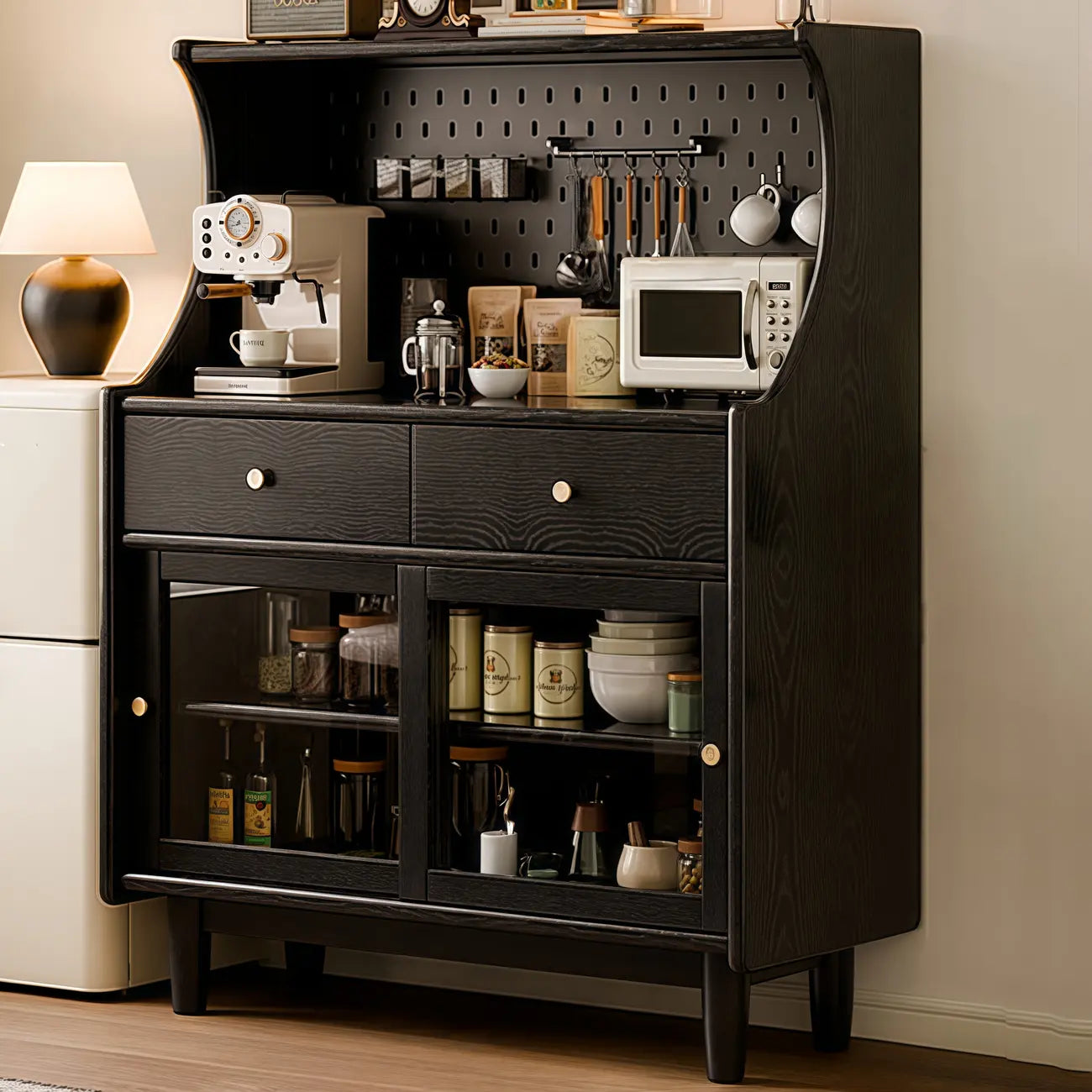 Buffet de rangement ouvert à 2 tiroirs en bois de cerisier avec éclairage
