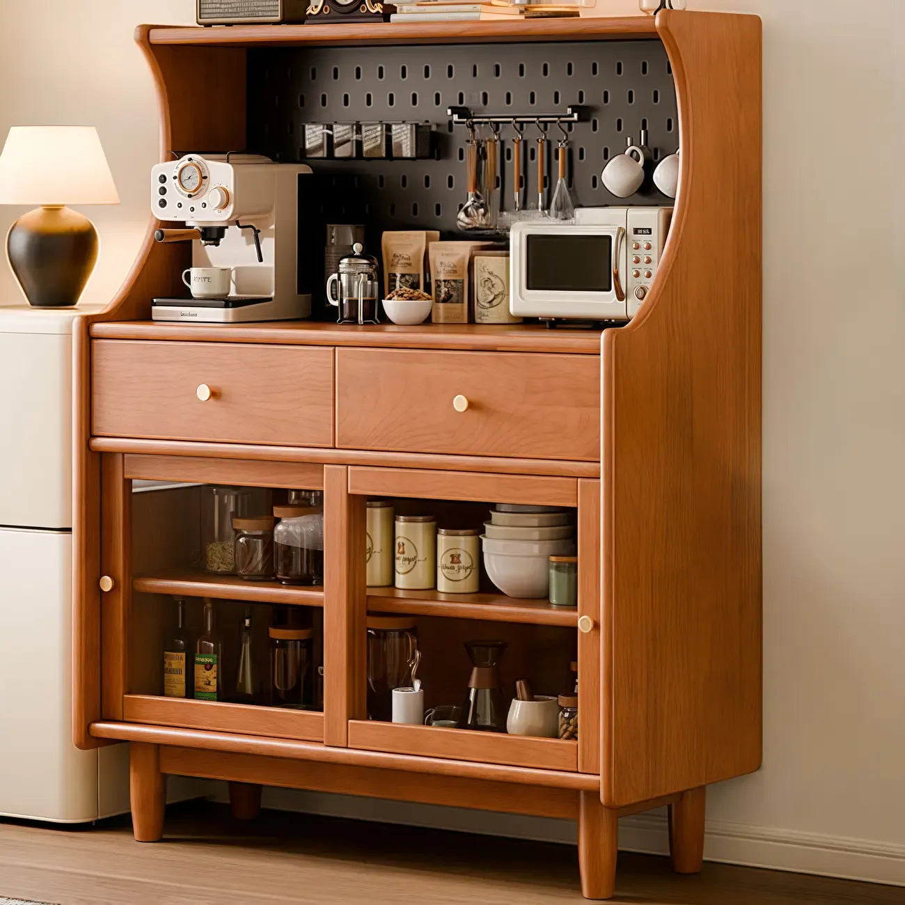 Buffet de rangement ouvert à 2 tiroirs en bois de cerisier avec éclairage