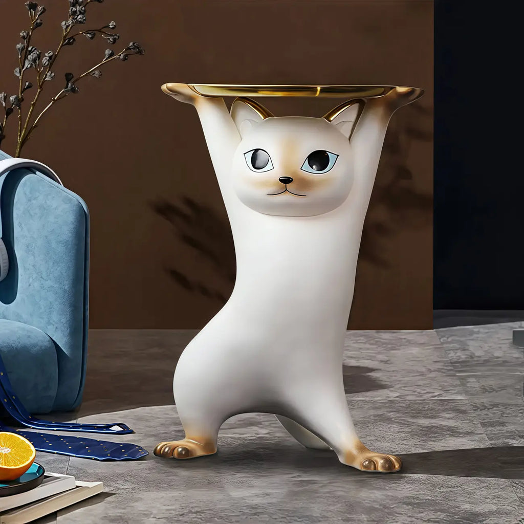 Table d'appoint moderne et mignonne en forme de chat, plateau rond doré
