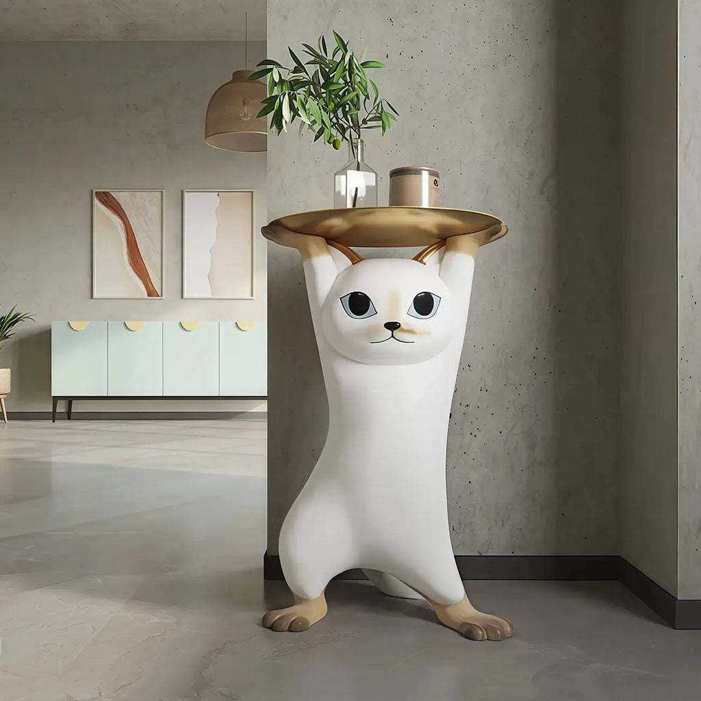 Table d'appoint moderne et mignonne en forme de chat, plateau rond doré