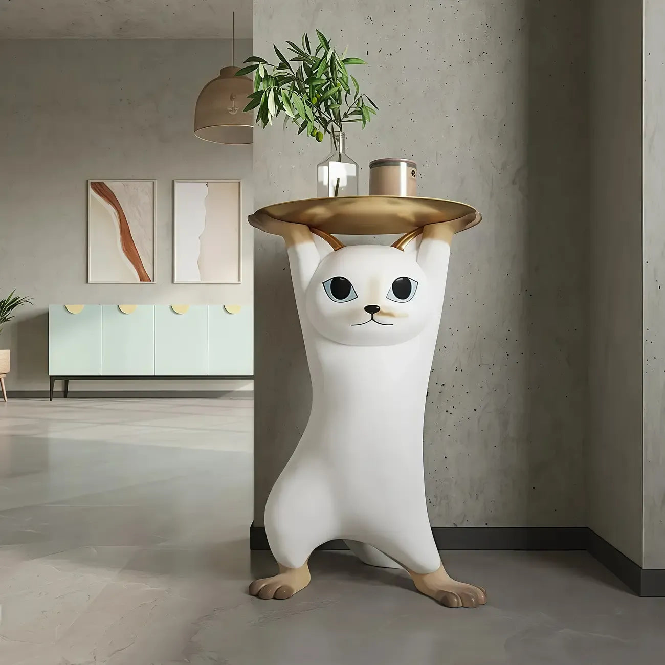 Table d'appoint moderne et mignonne en forme de chat, plateau rond doré