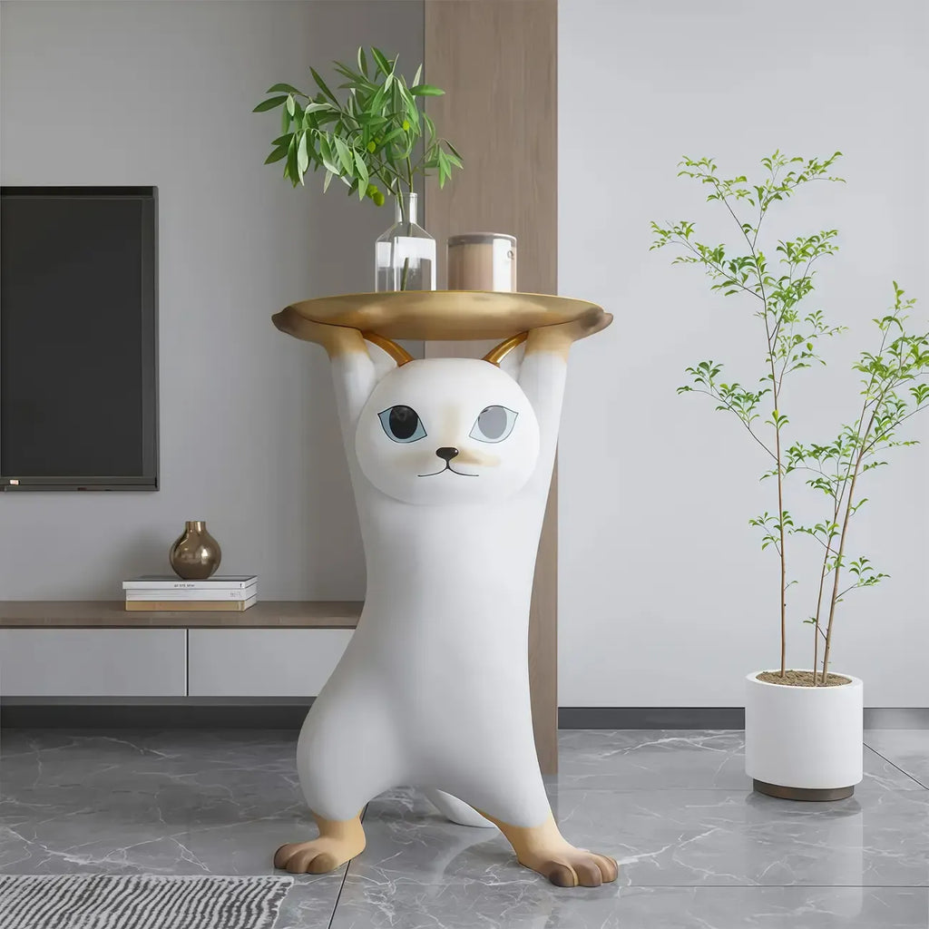 Table d'appoint moderne et mignonne en forme de chat, plateau rond doré