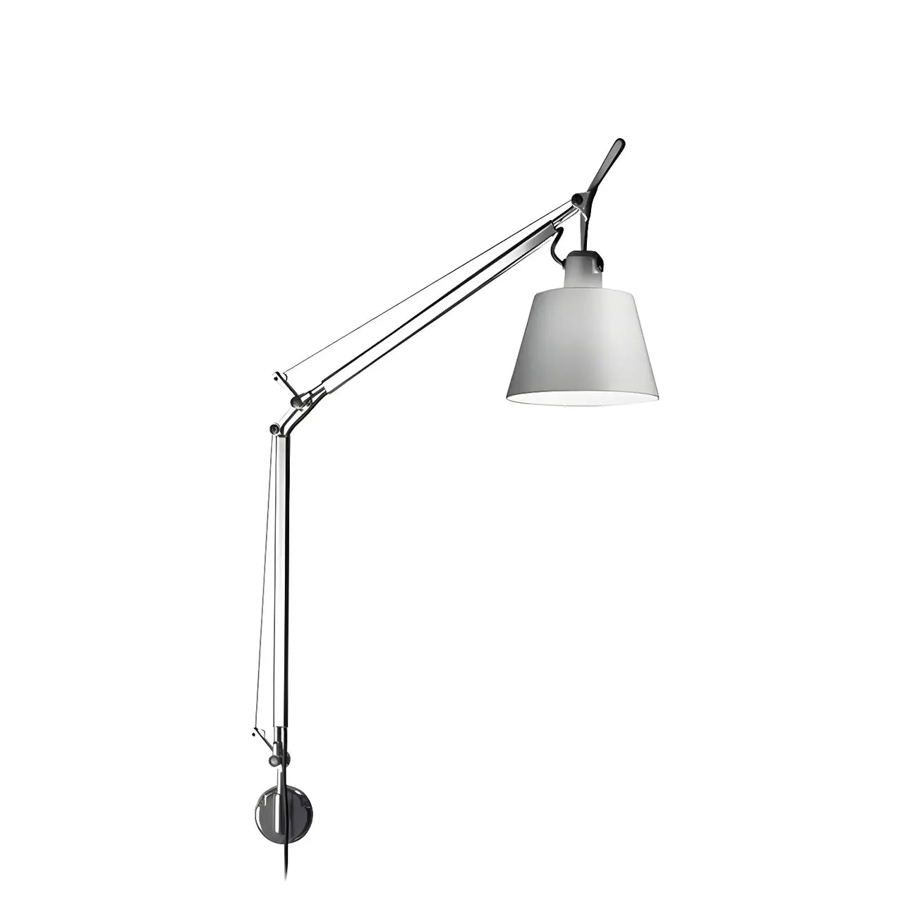 Applique murale industrielle argentée à bras articulé avec abat-jour en tissu blanc
