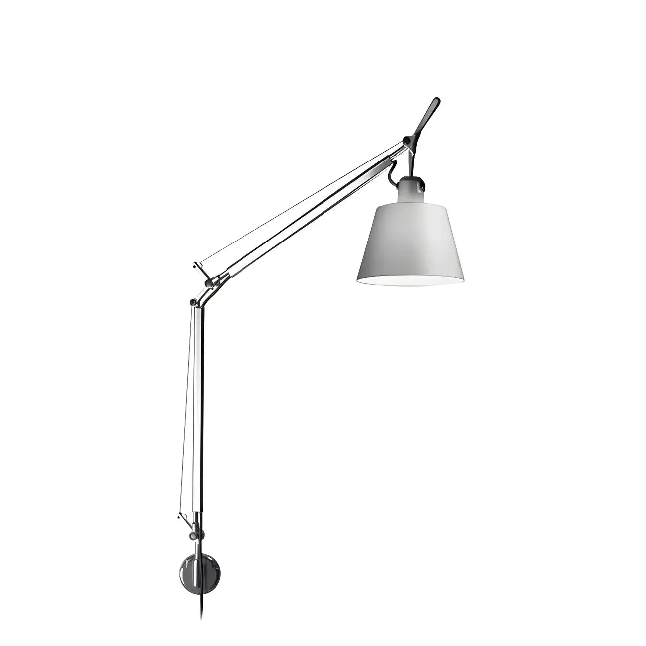 Applique murale industrielle argentée à bras articulé avec abat-jour en tissu blanc