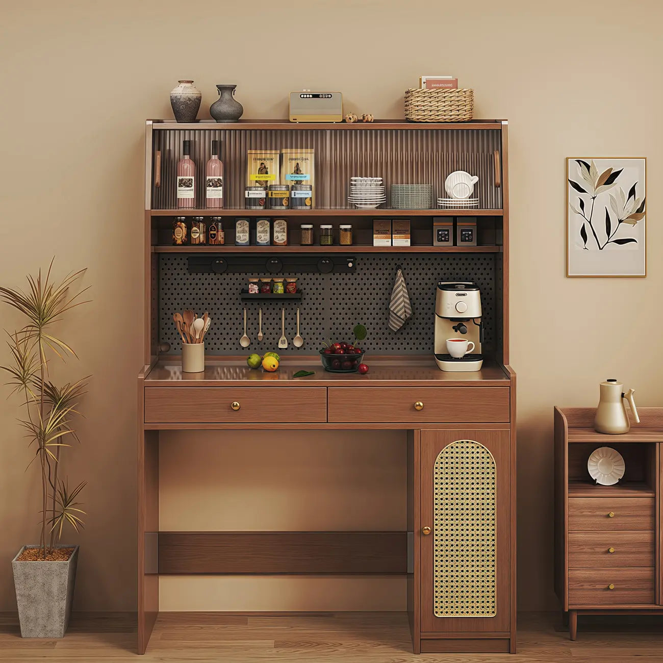 Mobiletto da Cucina in Legno Marrone a 2 Cassetti con Alzata