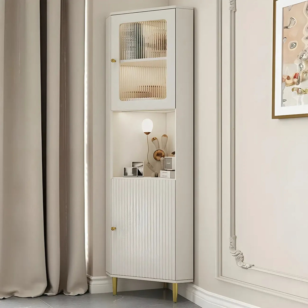 Élégant meuble d'angle en bois et verre à rayures avec plateau en faux marbre