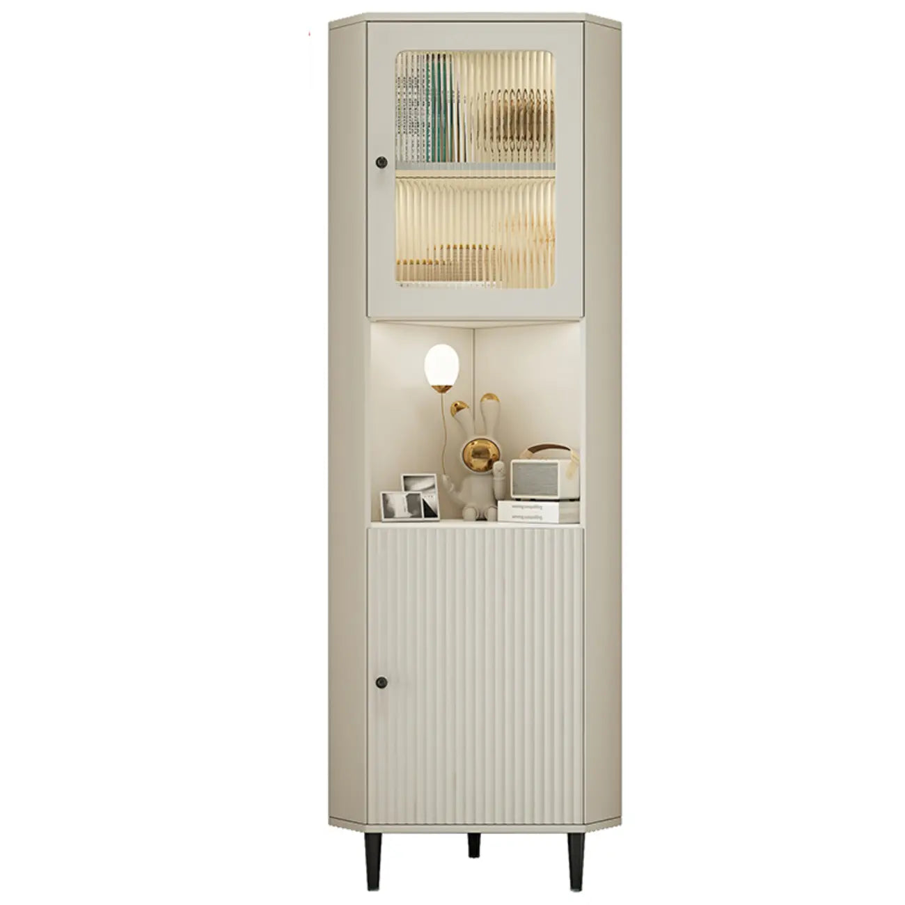 Élégant meuble d'angle en bois et verre à rayures avec plateau en faux marbre