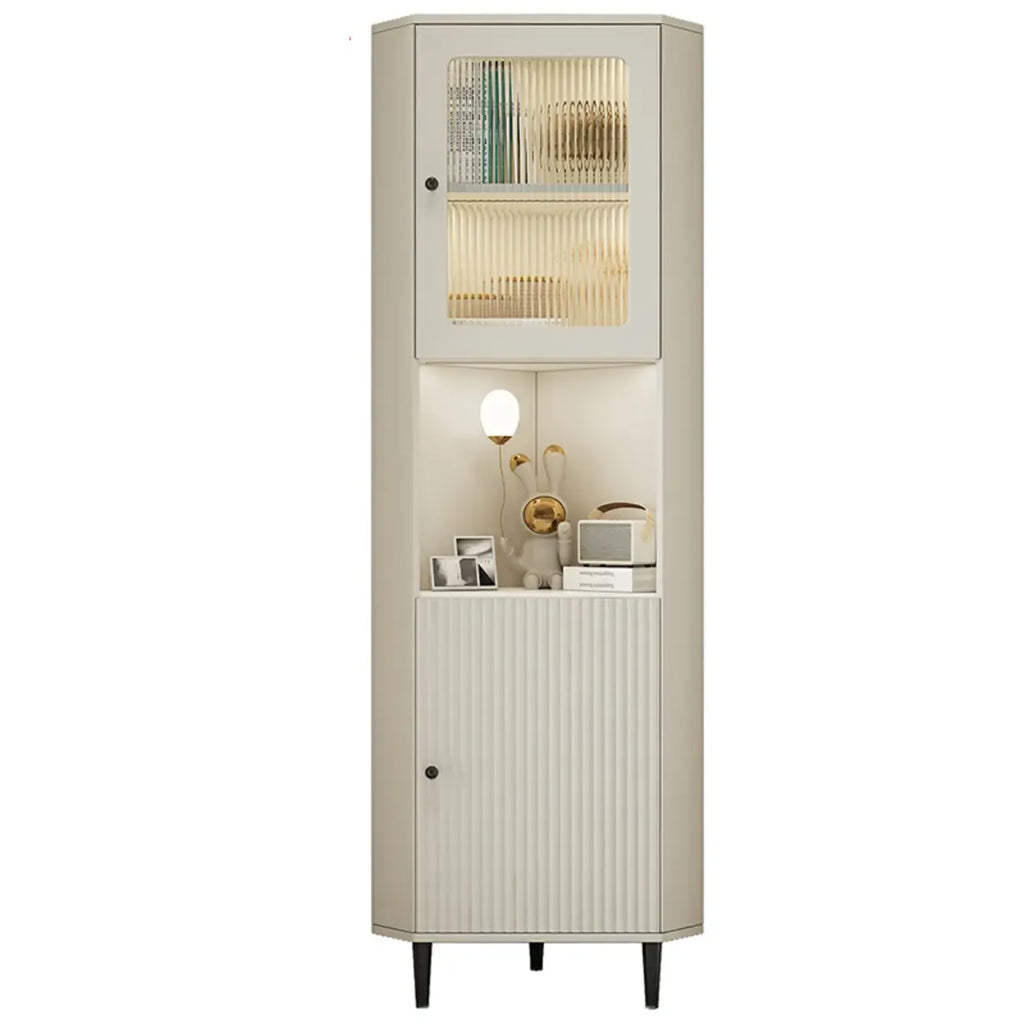 Élégant meuble d'angle en bois et verre à rayures avec plateau en faux marbre