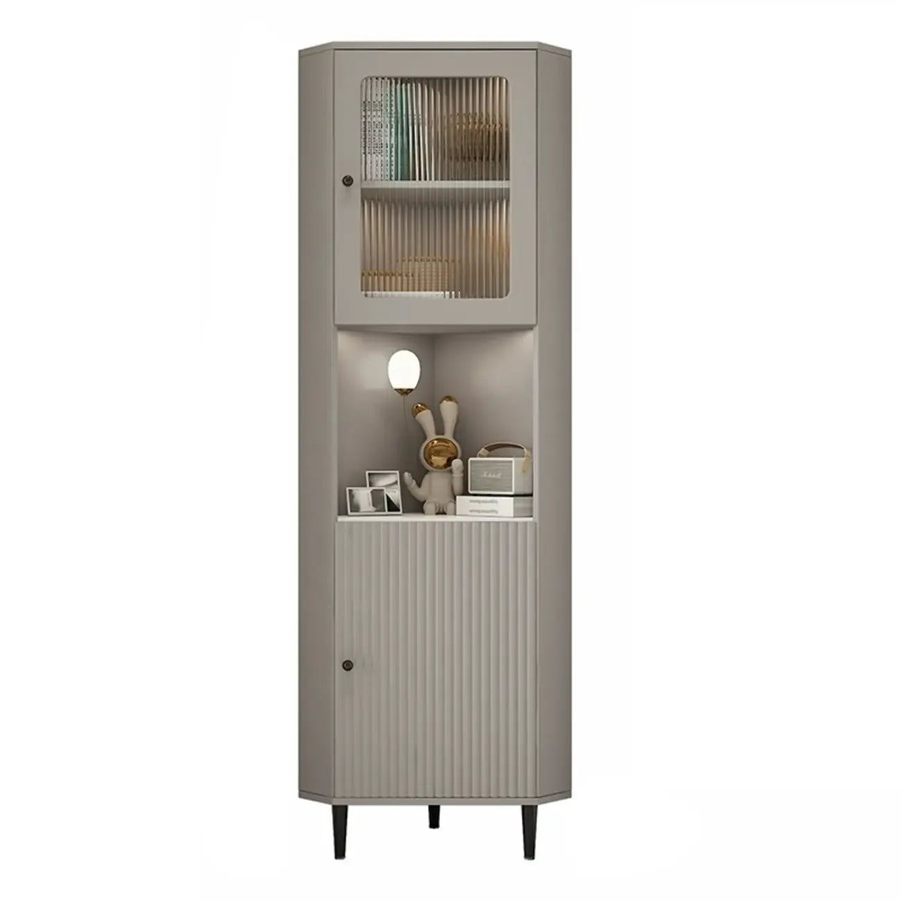 Élégant meuble d'angle en bois et verre à rayures avec plateau en faux marbre