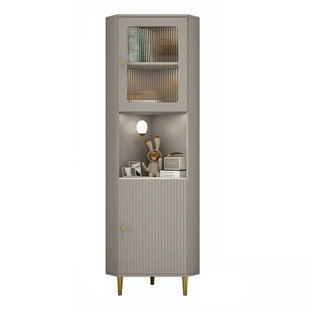 Élégant meuble d'angle en bois et verre à rayures avec plateau en faux marbre