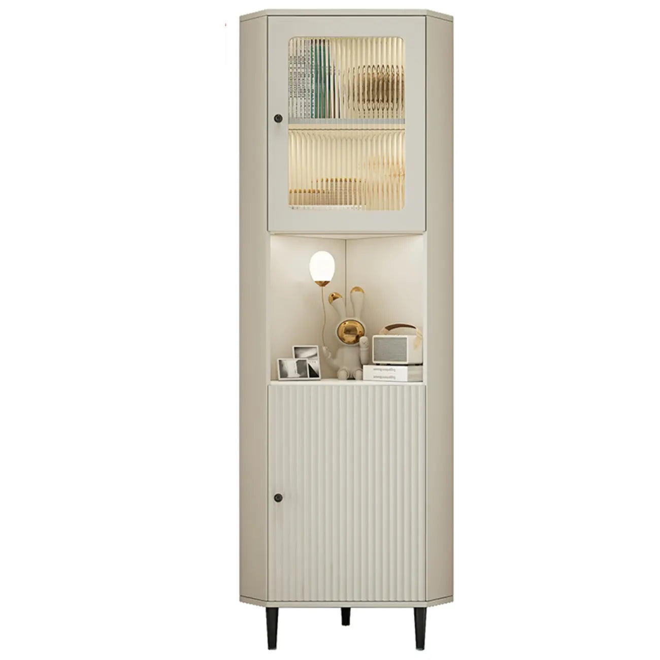 Élégant meuble d'angle en bois et verre à rayures avec plateau en faux marbre