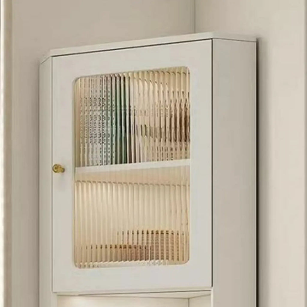 Élégant meuble d'angle en bois et verre à rayures avec plateau en faux marbre