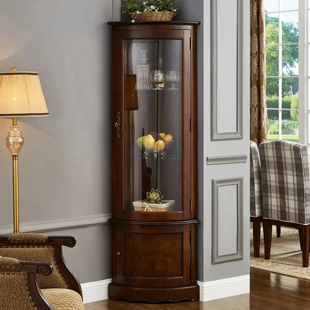 Meuble d'angle classique en bois d'hévéa brun avec porte vitrée