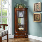 Meuble d'angle classique en bois d'hévéa brun avec porte vitrée