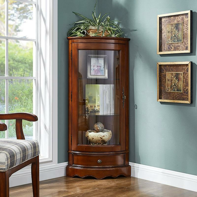 Meuble d'angle classique en bois d'hévéa brun avec porte vitrée