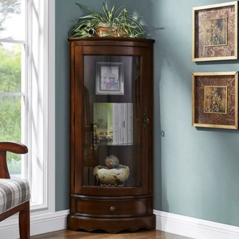 Meuble d'angle classique en bois d'hévéa brun avec porte vitrée