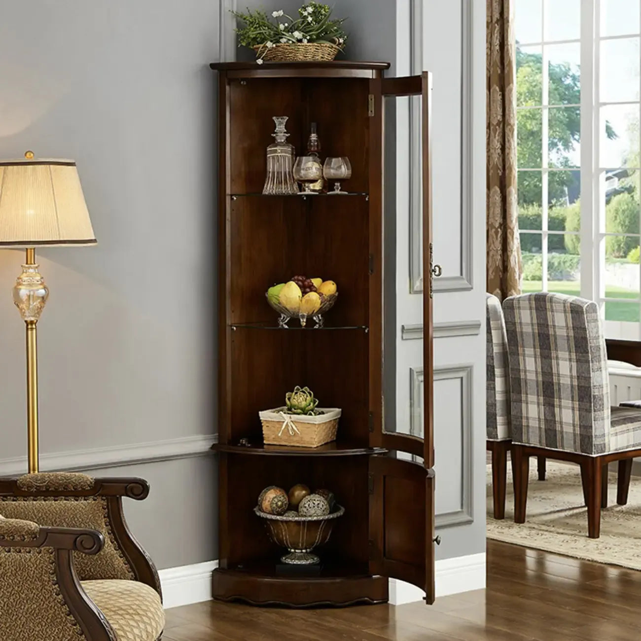Meuble d'angle classique en bois d'hévéa brun avec porte vitrée