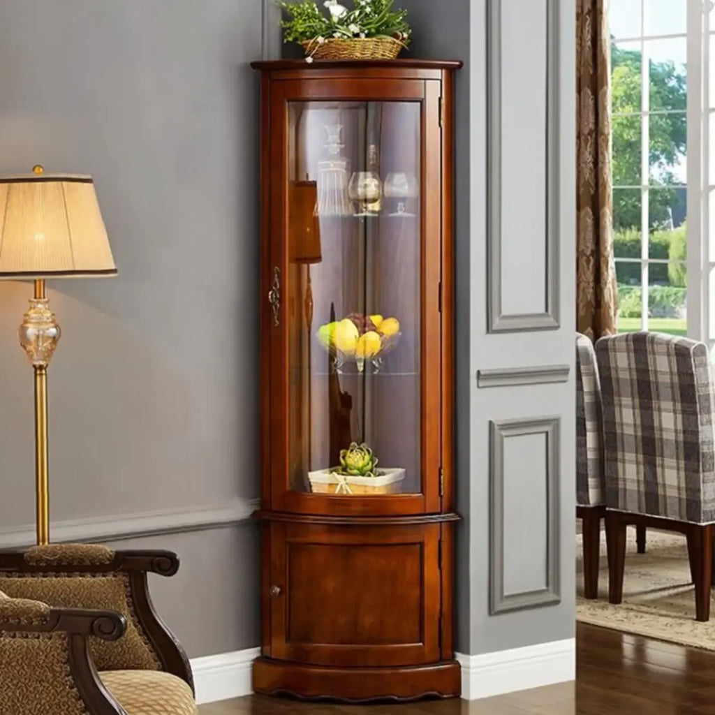 Meuble d'angle classique en bois d'hévéa brun avec porte vitrée