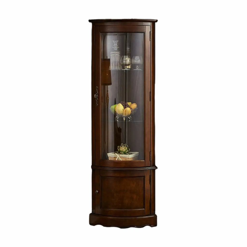 Meuble d'angle classique en bois d'hévéa brun avec porte vitrée