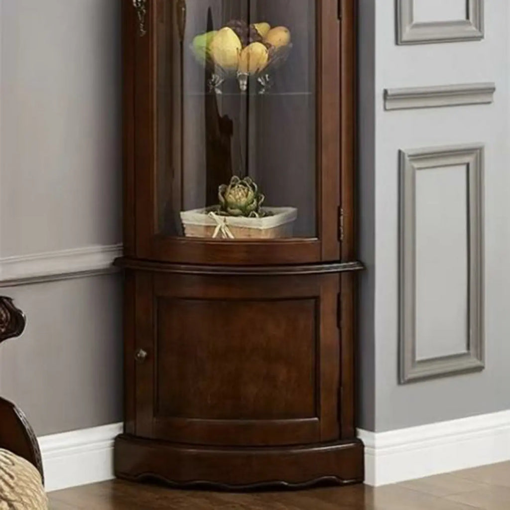 Meuble d'angle classique en bois d'hévéa brun avec porte vitrée