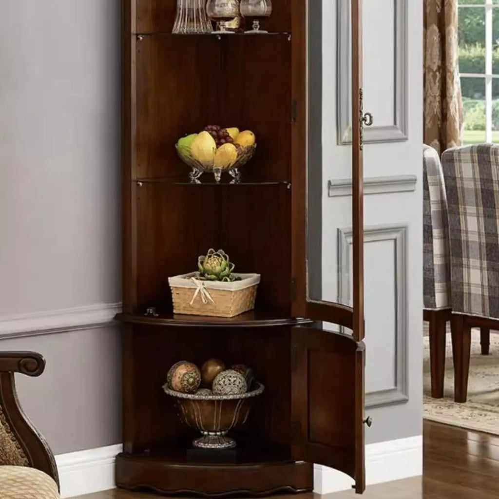 Meuble d'angle classique en bois d'hévéa brun avec porte vitrée