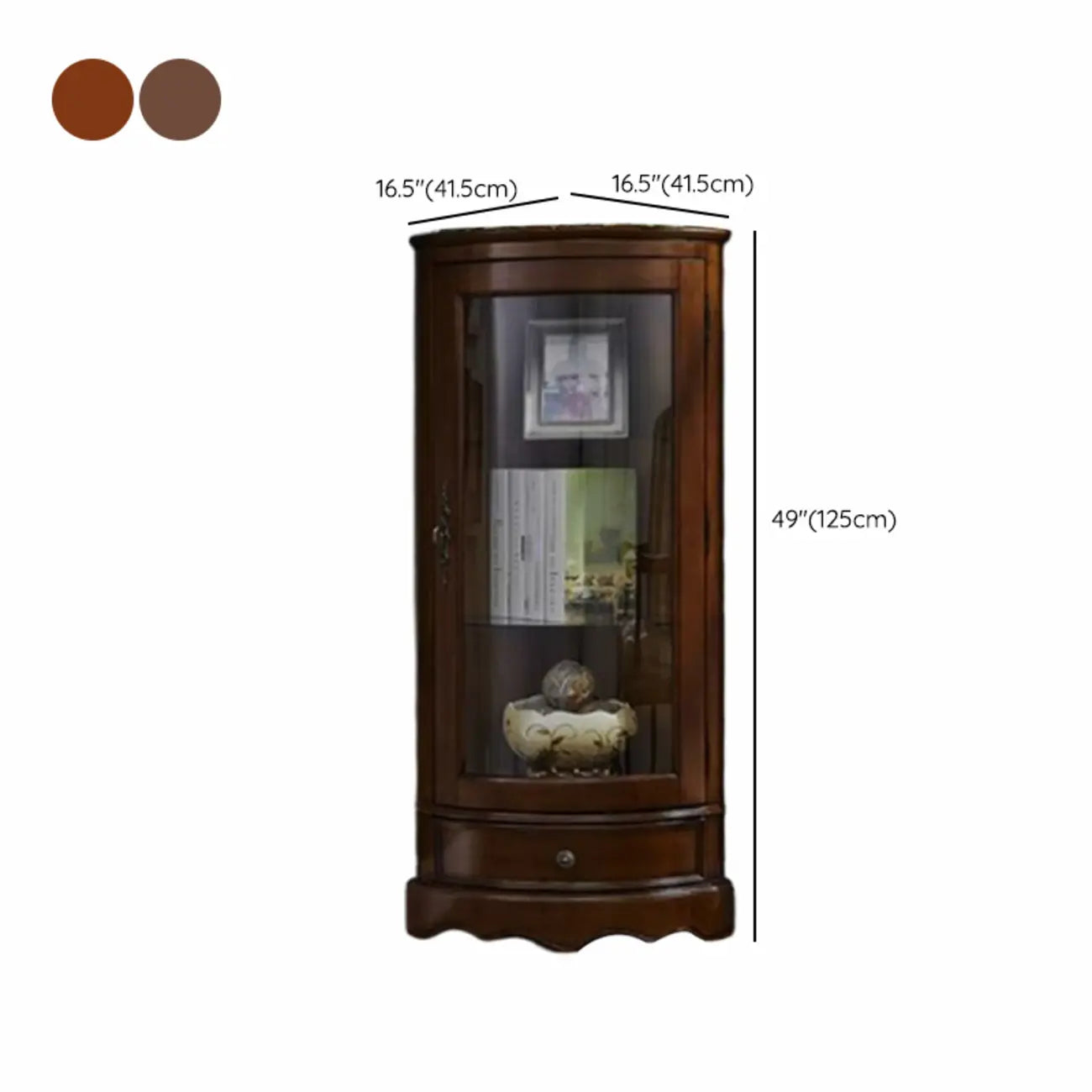 Meuble d'angle classique en bois d'hévéa brun avec porte vitrée