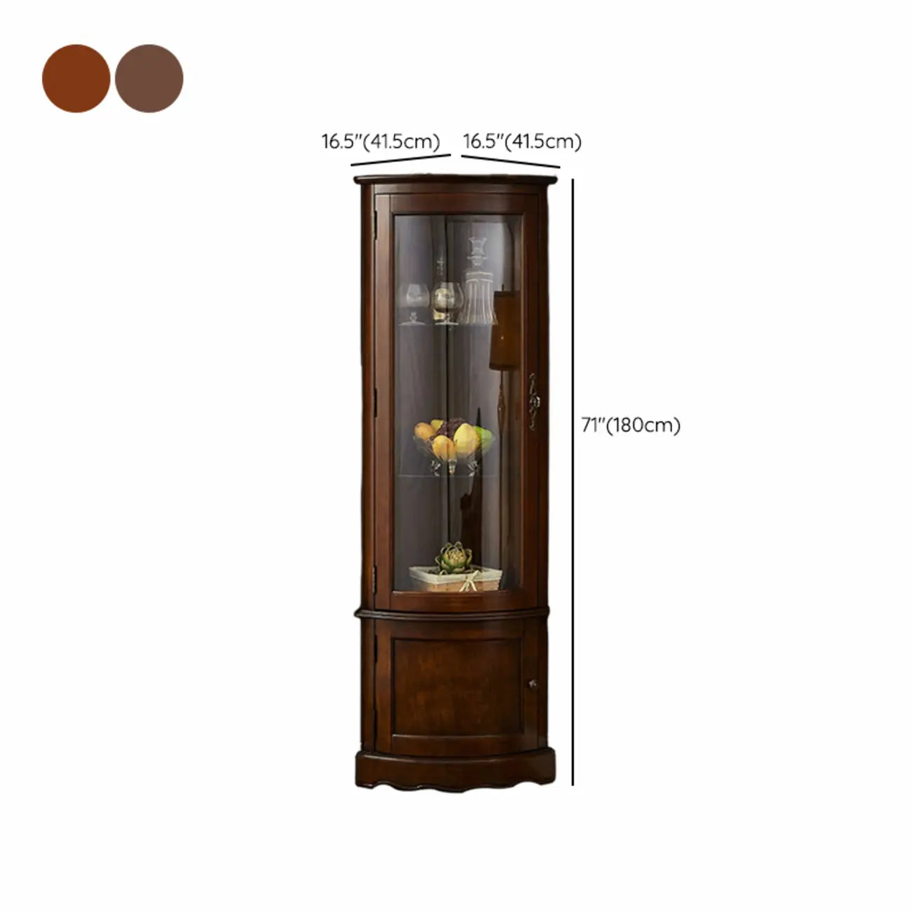 Meuble d'angle classique en bois d'hévéa brun avec porte vitrée