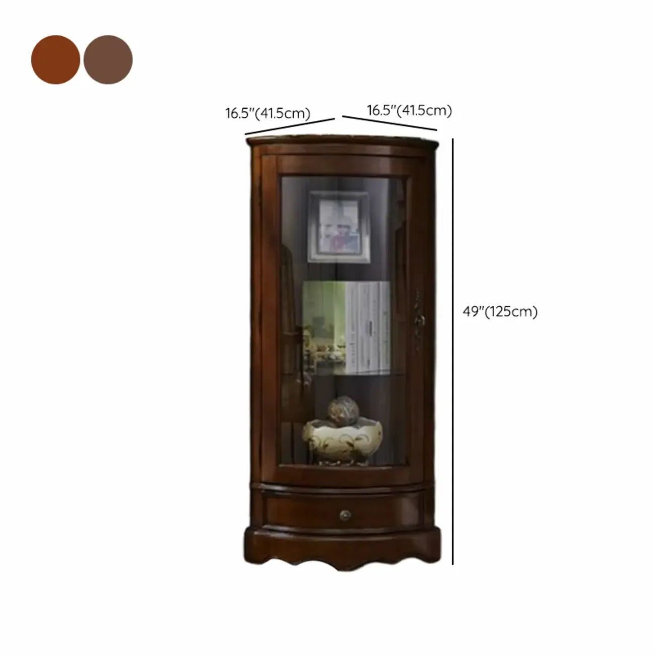 Meuble d'angle classique en bois d'hévéa brun avec porte vitrée