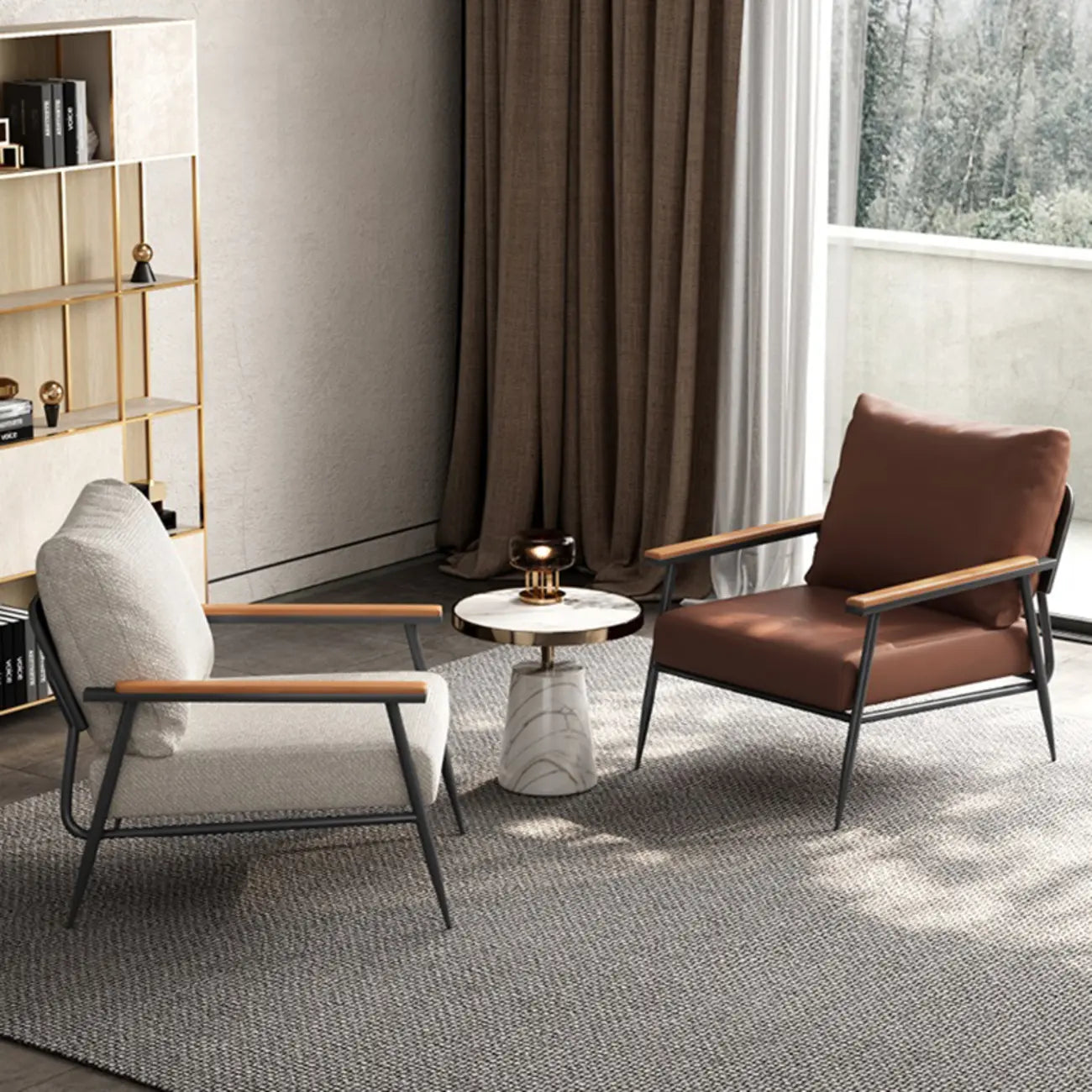 Fauteuil d'appoint élégant en tissu avec accoudoirs en bois pour salon