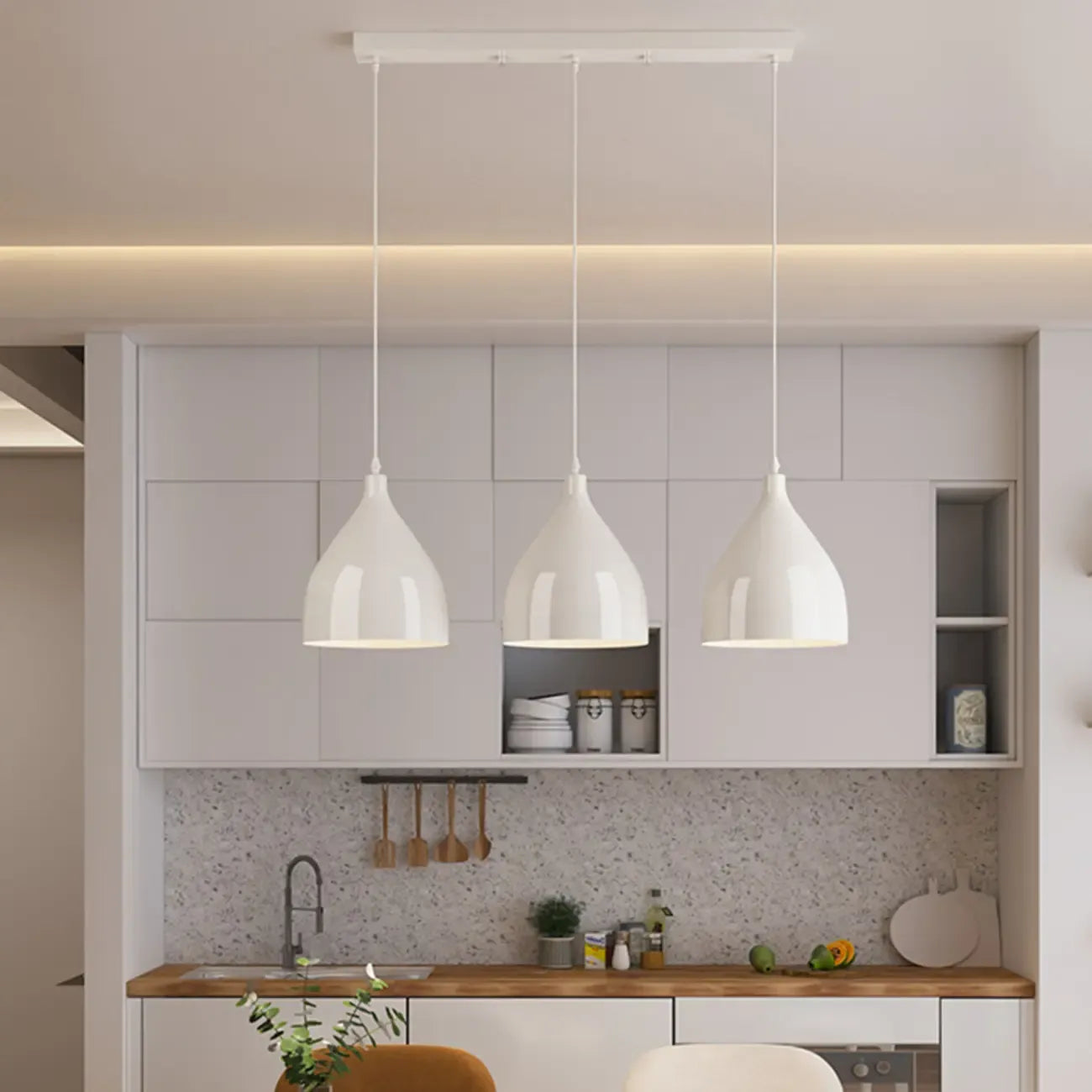 Lampada a sospensione a isola a 3 luci moderna in metallo bianco a forma di cono per cucina