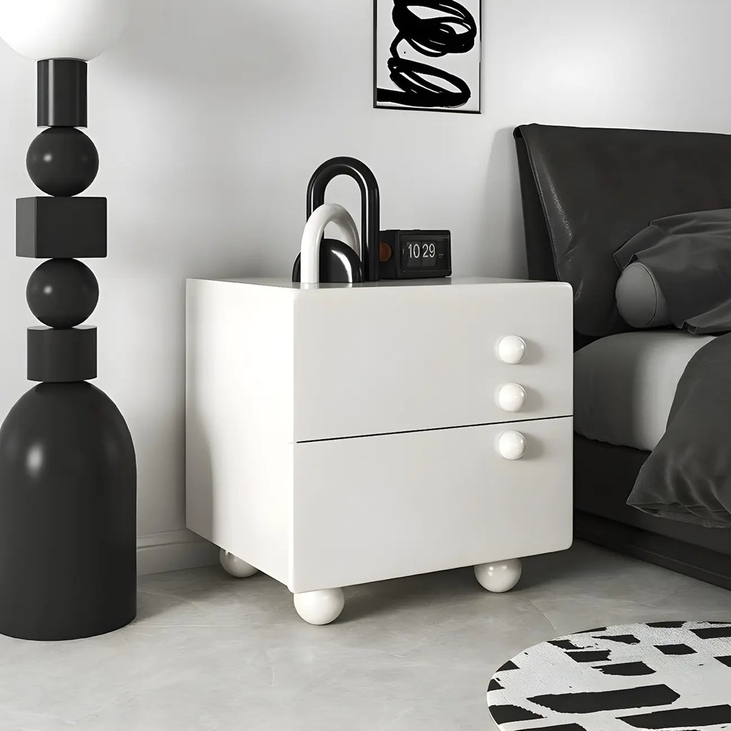 Comodino a 2 cassetti bianco lucido con gambe a sfera