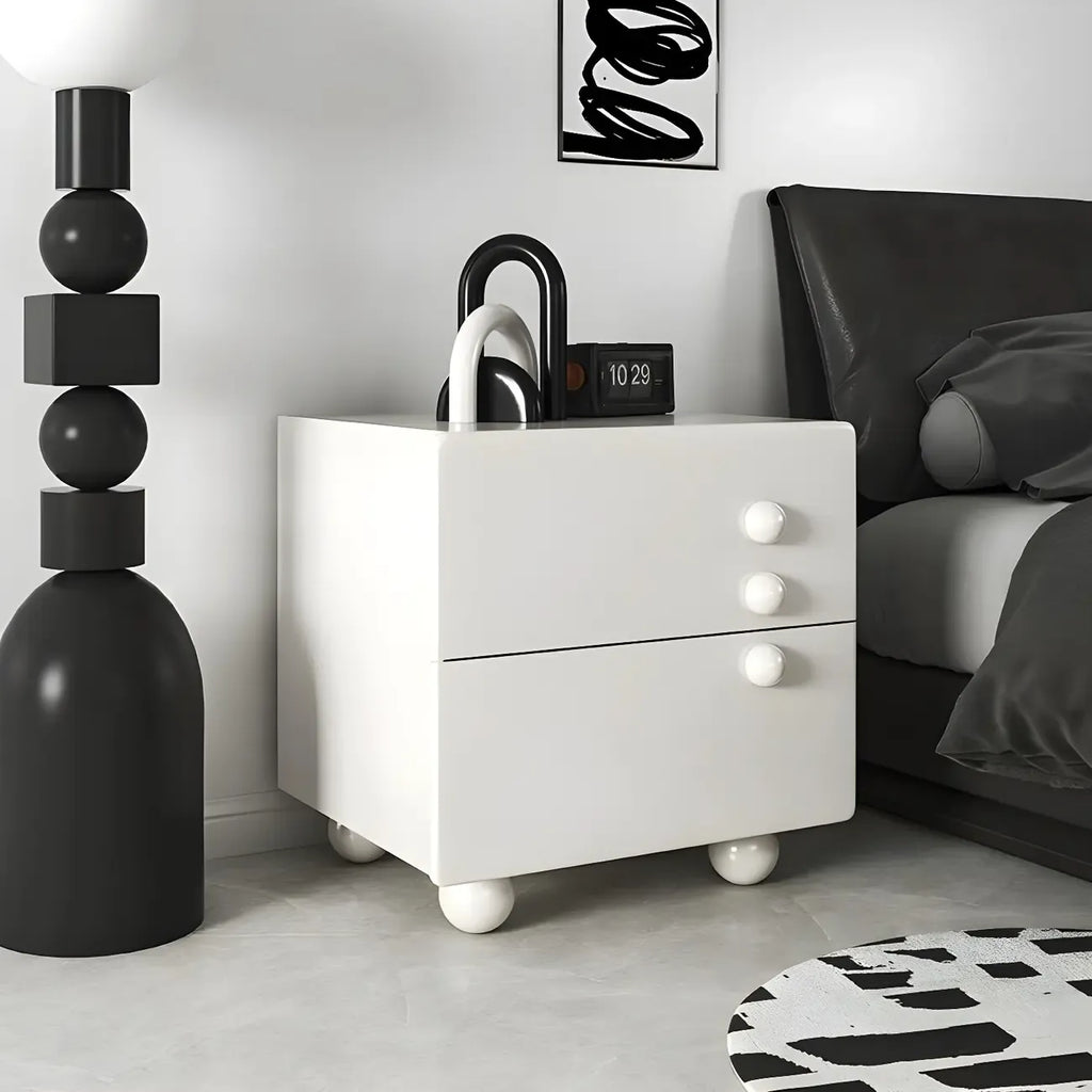 Comodino a 2 cassetti bianco lucido con gambe a sfera