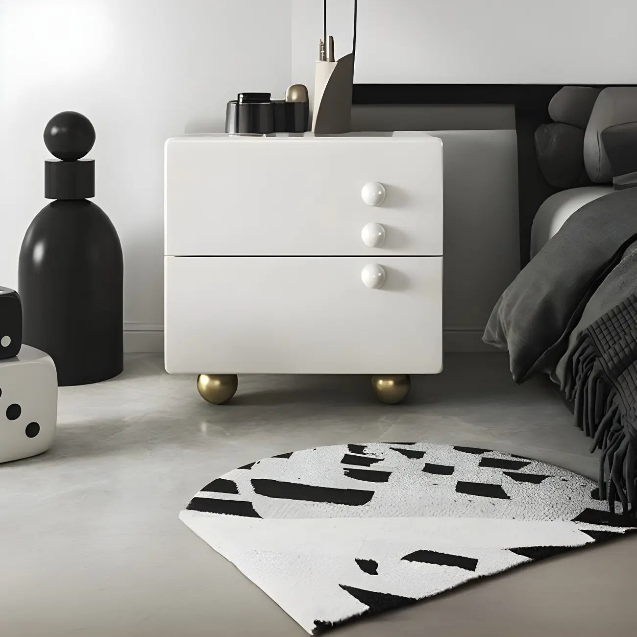 Comodino a 2 cassetti bianco lucido con gambe a sfera