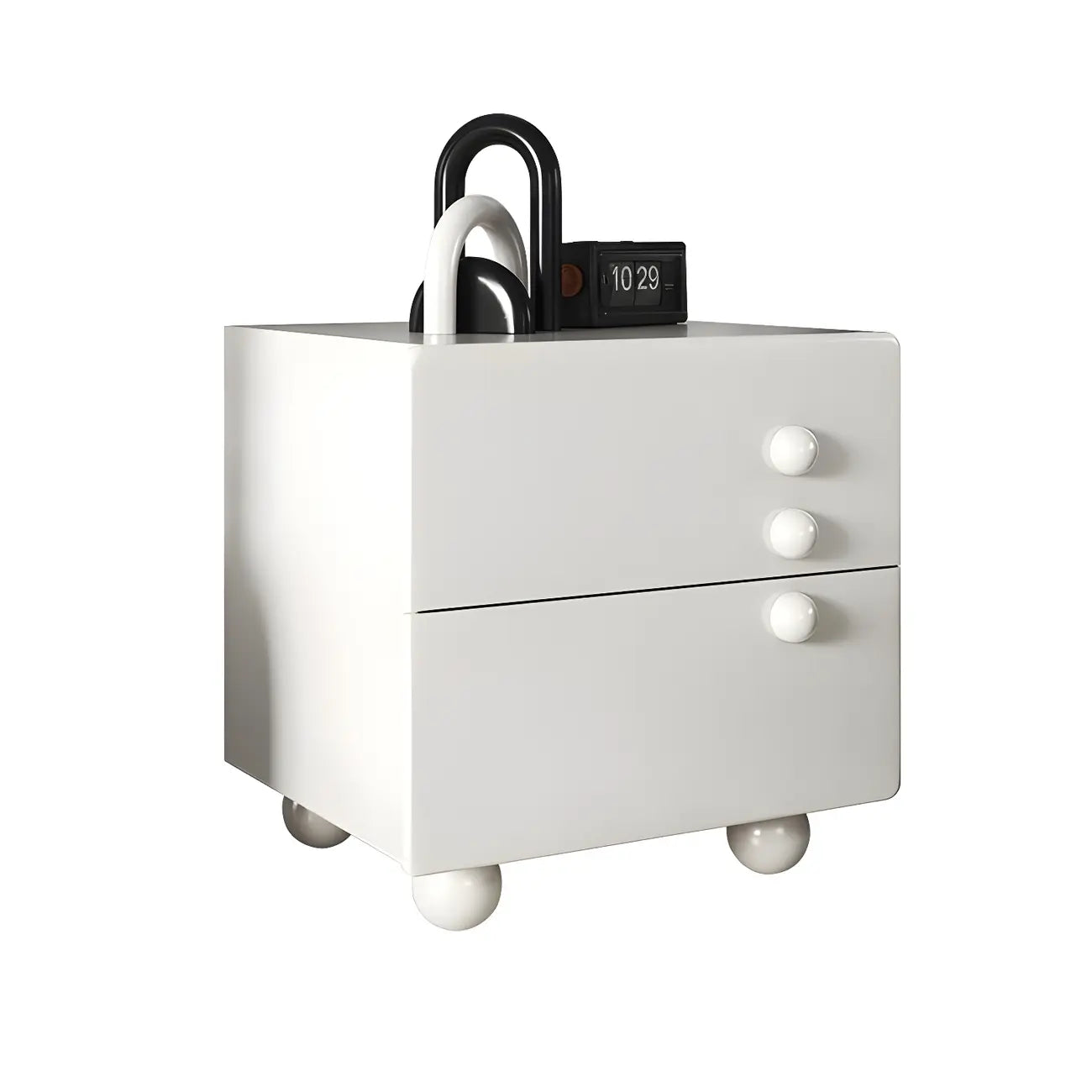 Comodino a 2 cassetti bianco lucido con gambe a sfera