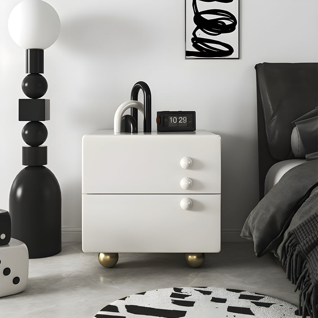 Comodino a 2 cassetti bianco lucido con gambe a sfera
