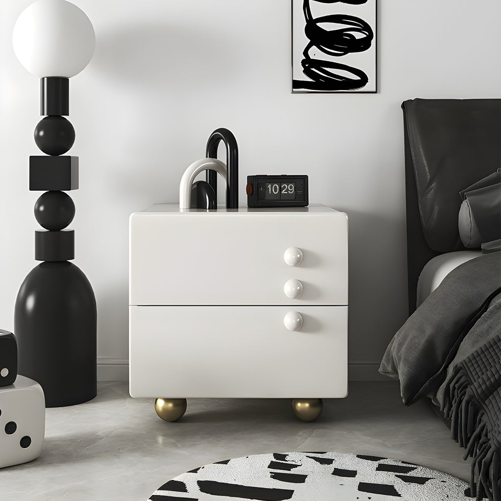 Comodino a 2 cassetti bianco lucido con gambe a sfera