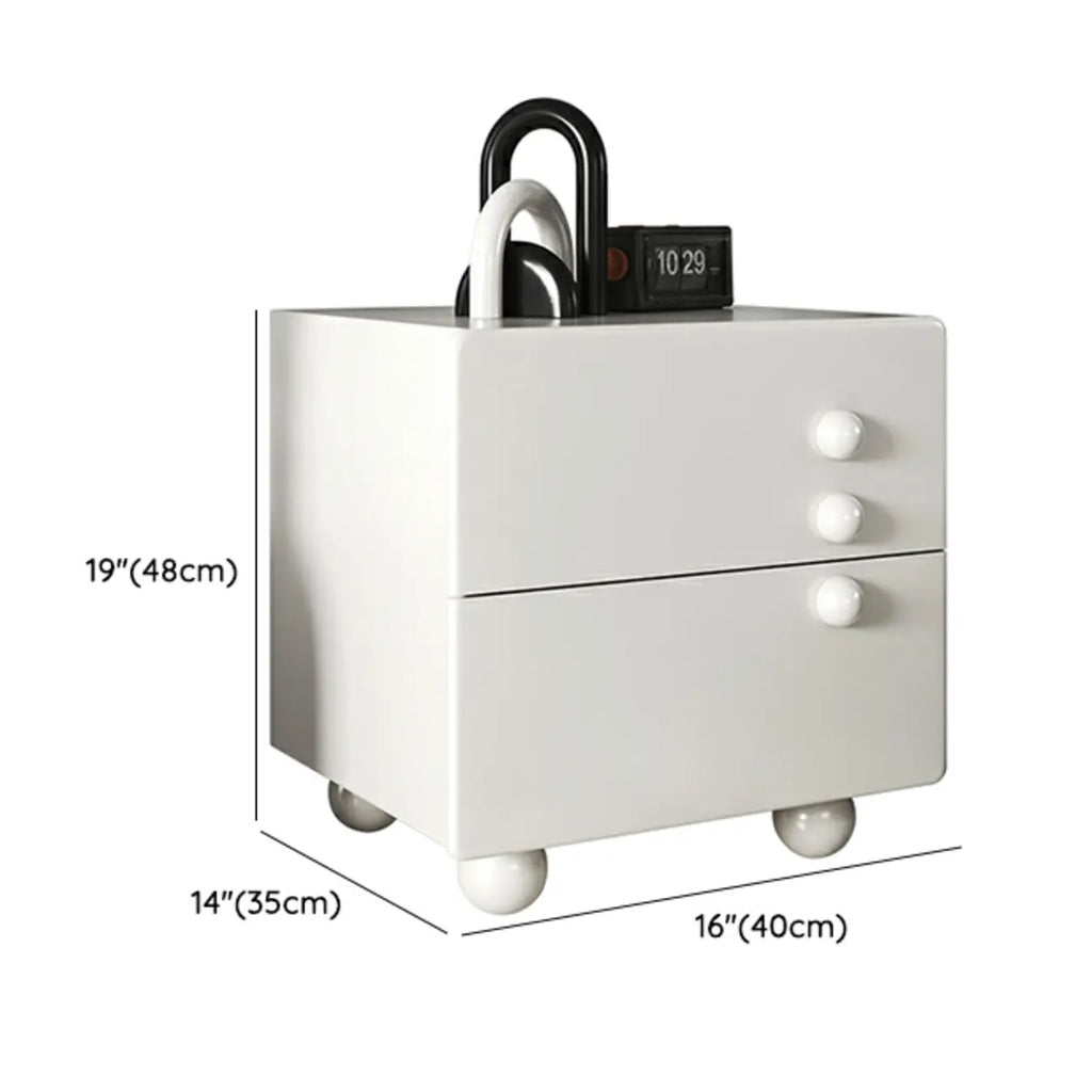 Comodino a 2 cassetti bianco lucido con gambe a sfera