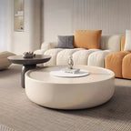 Table basse ronde élégante en bois avec plateau blanc et tiroir