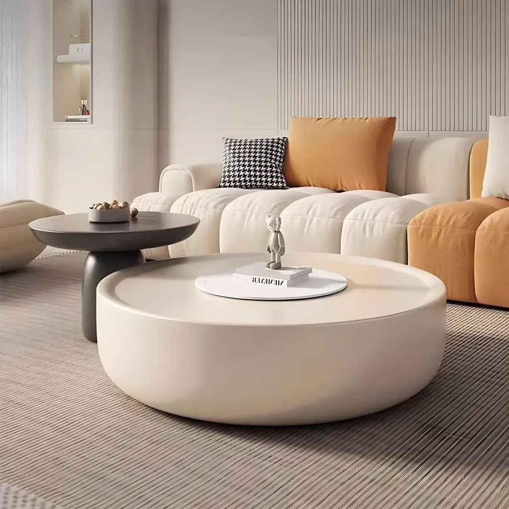 Table basse ronde élégante en bois avec plateau blanc et tiroir