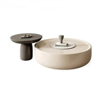 Table basse ronde élégante en bois avec plateau blanc et tiroir