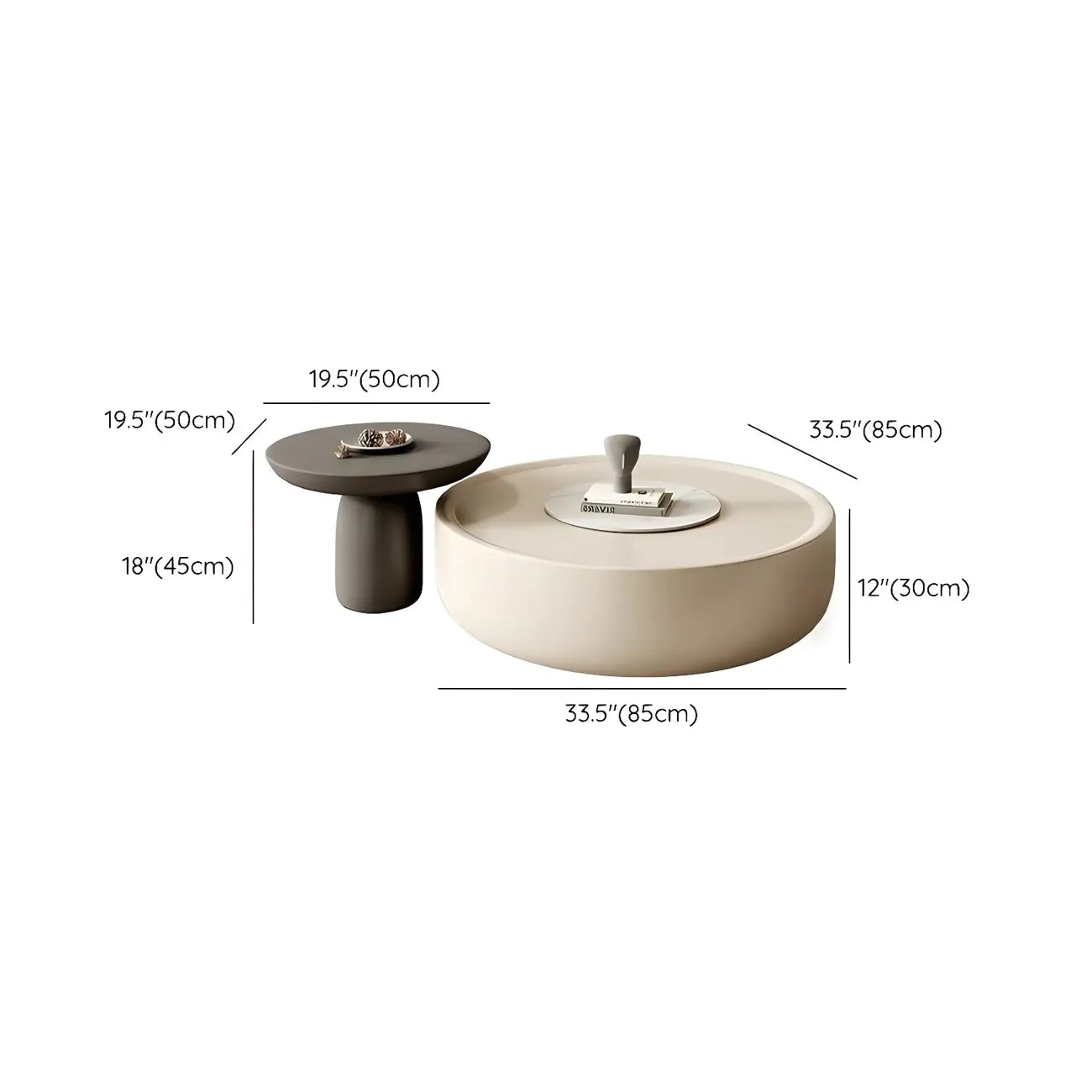 Table basse ronde élégante en bois avec plateau blanc et tiroir