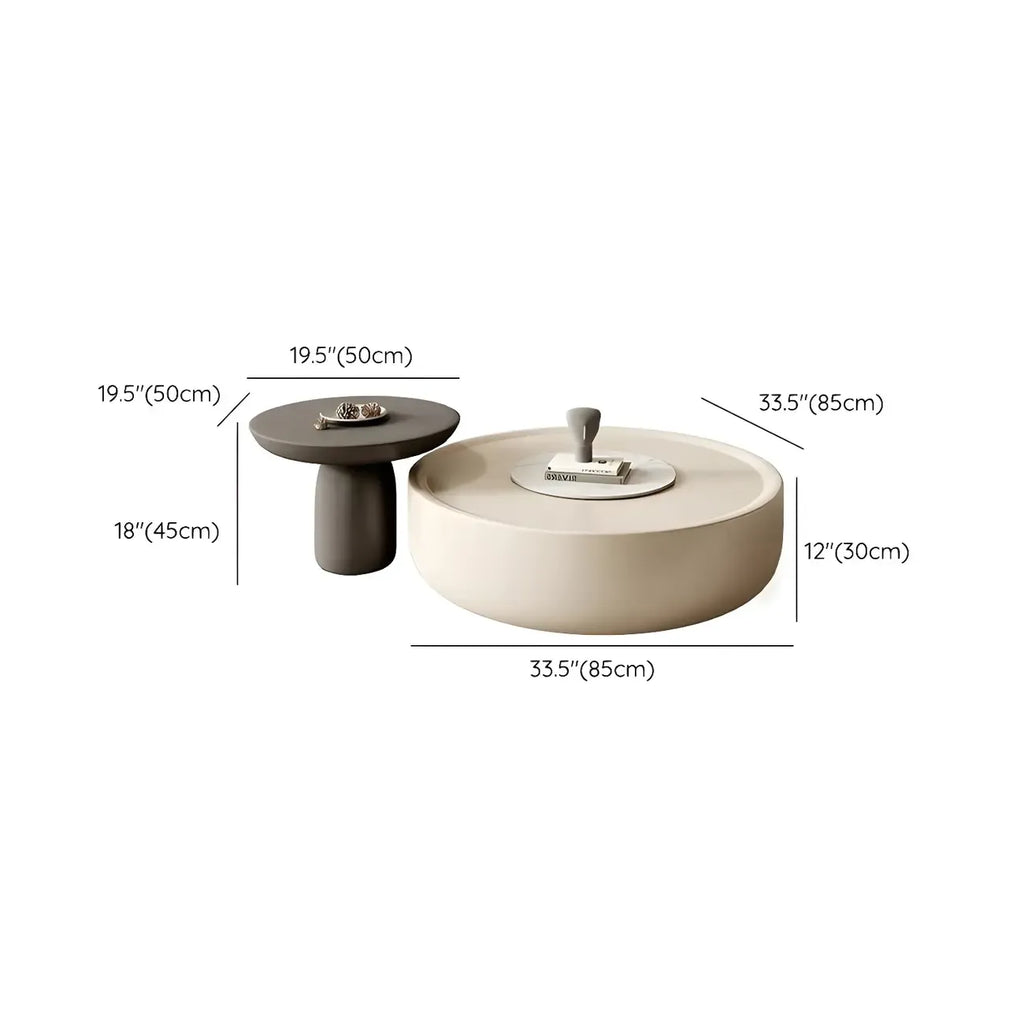 Table basse ronde élégante en bois avec plateau blanc et tiroir