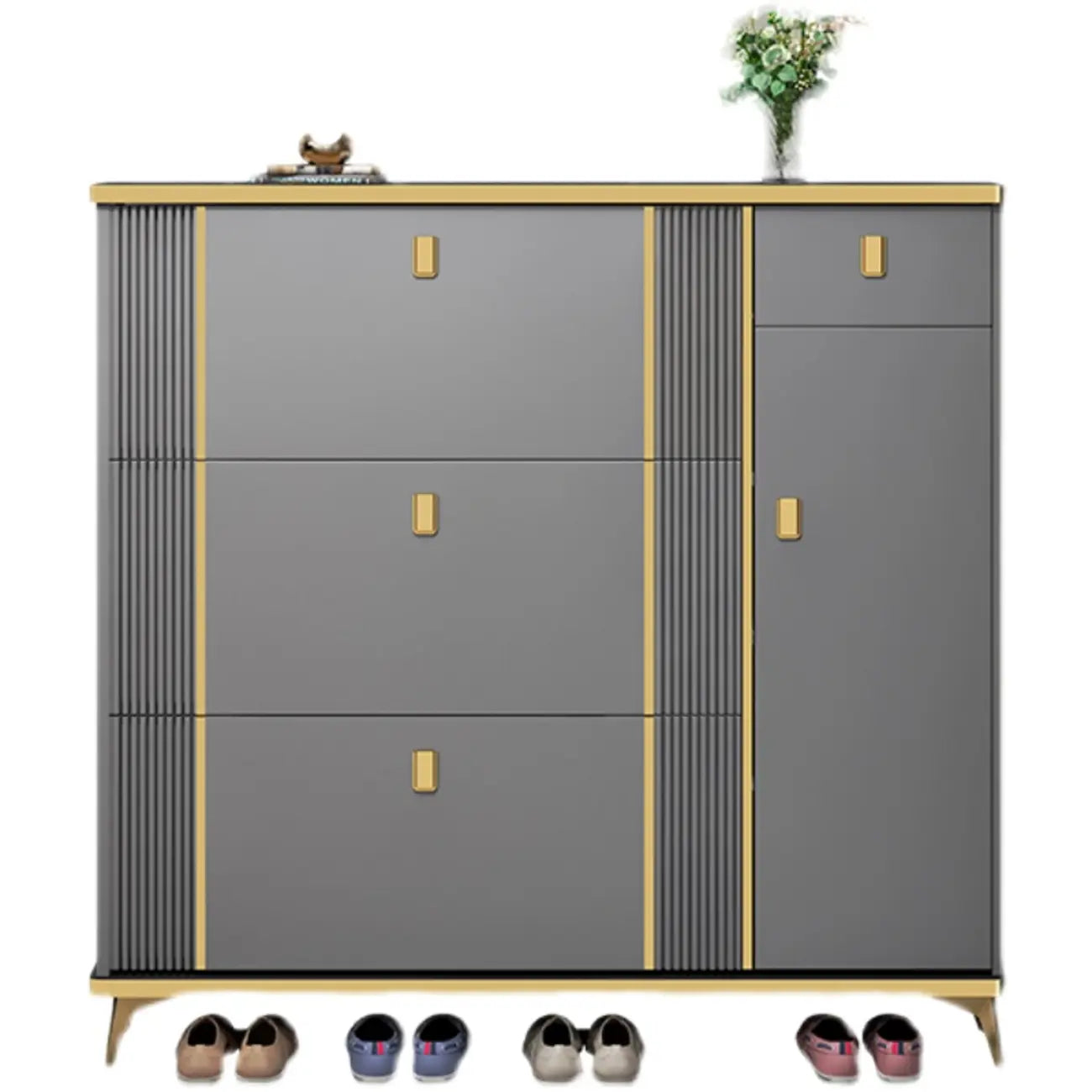 Grand meuble à chaussures d'entrée en bois gris avec finitions dorées