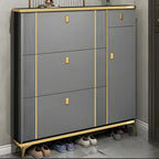 Grand meuble à chaussures d'entrée en bois gris avec finitions dorées